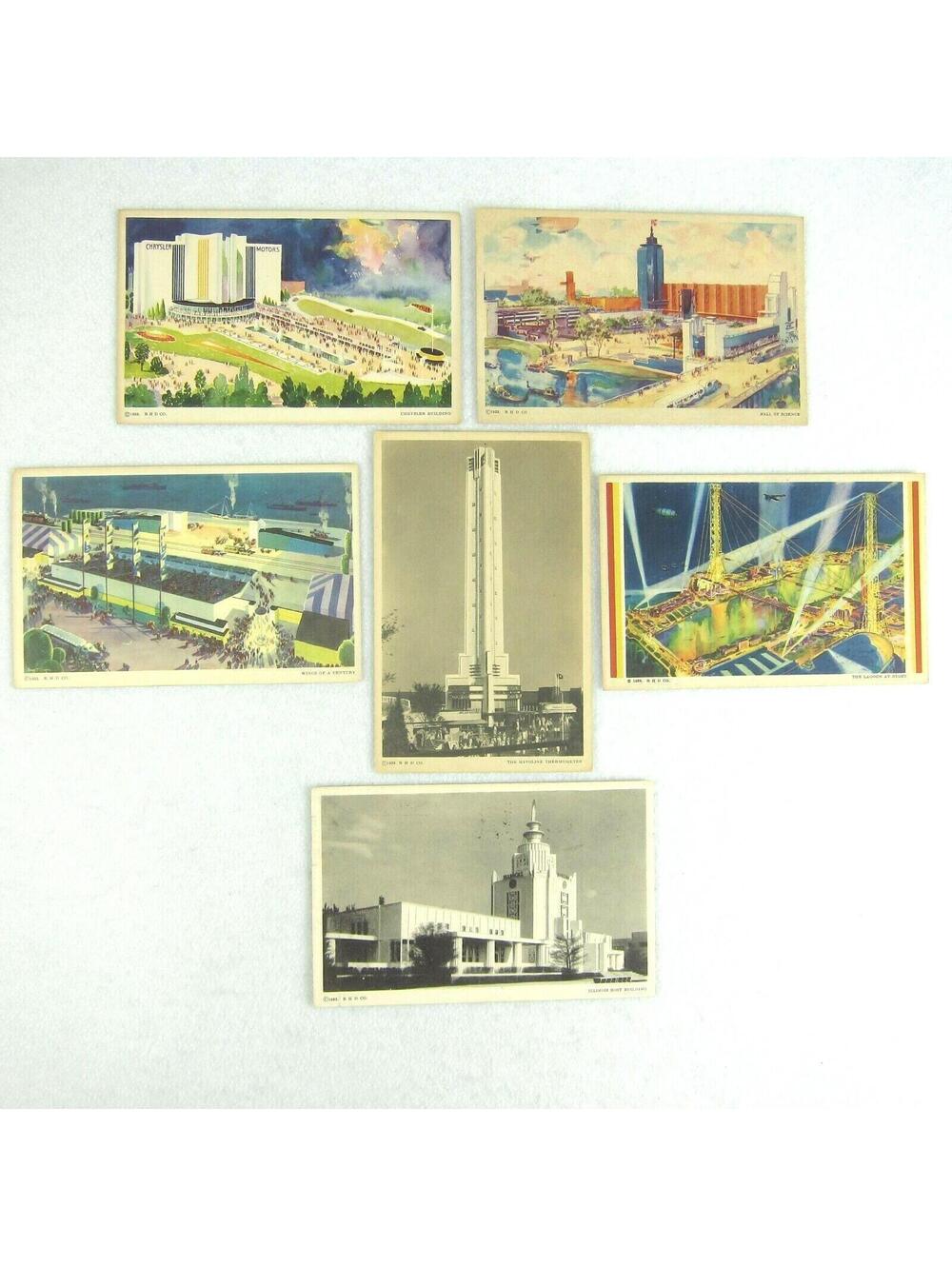 1933 Chicago Worlds Fair 6 Postcards Lagoon Night Chrysler Hall Science Havoline